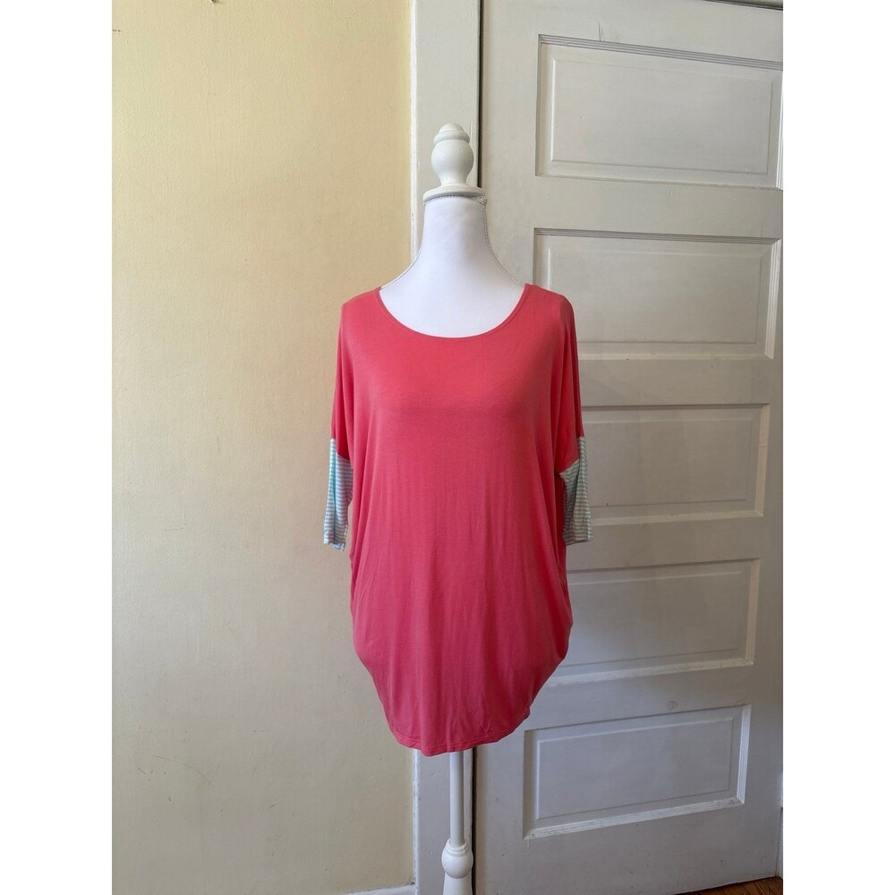 Women's tunic top short sleeve dolman boxy pink blue stripes fisherman teacher